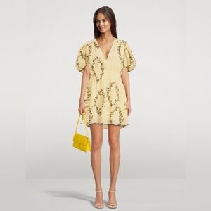 GANNI Butter Yellow Floral-print plissé-georgette mini dress